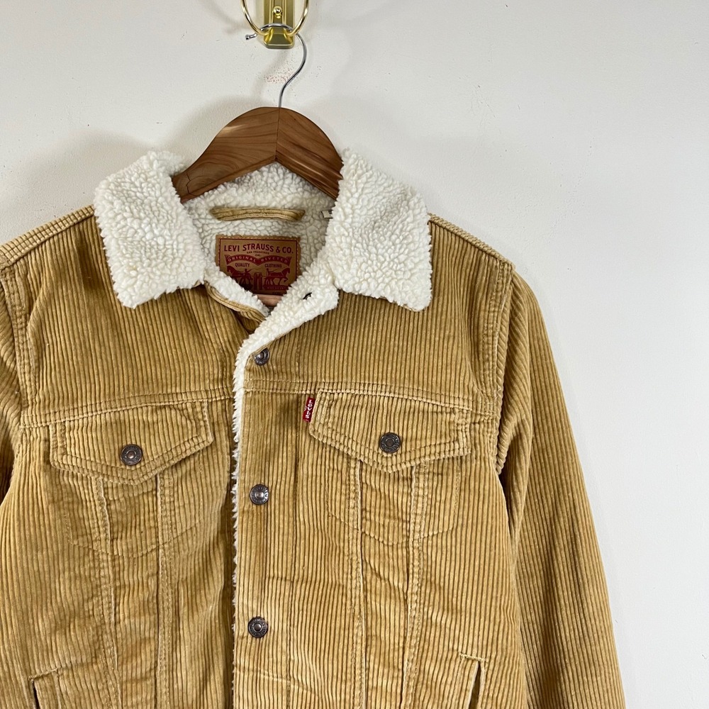 Levi's Sherpa Lined Corduroy Trucker Jacket Snap Up Tan Retro Western Medium